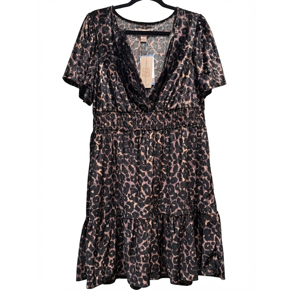 French Connection Velvet Leopard Print Smocked Waist Tiered Mini Dress Large NWT